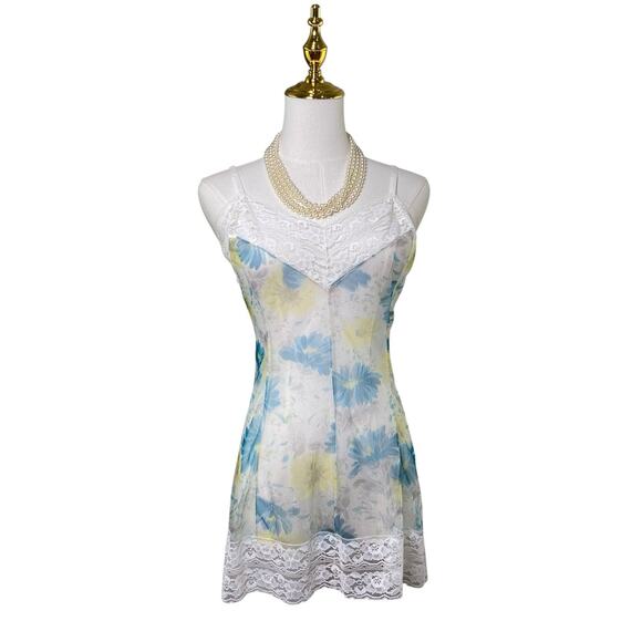 Vintage 60s Italy Blue Sheer Nylon Lacy Micro Mini Slip Dress Women's Size M - Picture 7 of 12